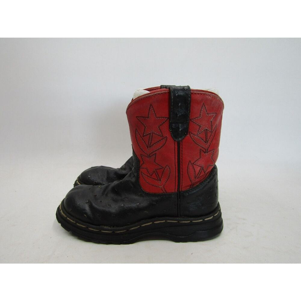 Cimarron Little Kids Youth Sz 13.5 Black Red Leather Ostrich Print Cowboy Boots